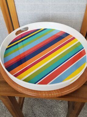 Pier 1 Melamine Colorful Stripe Serving Tray Double Handle 14" Round